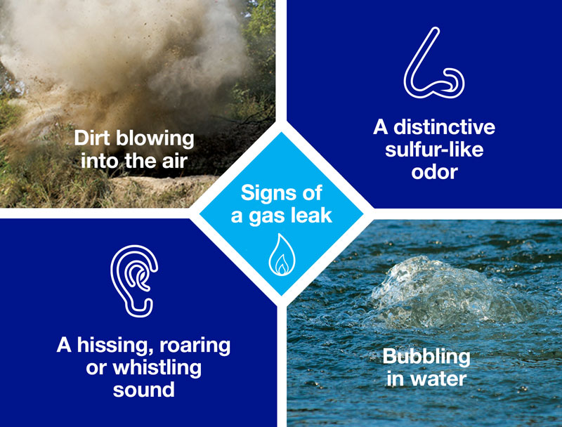 Signs of a gas leak: Dirt blowing into the air, dead or dying vegetation, water bubbling, exposed or damaged pipeline